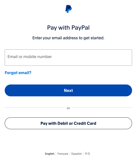 Login screen for PayPal's current guest checkout.